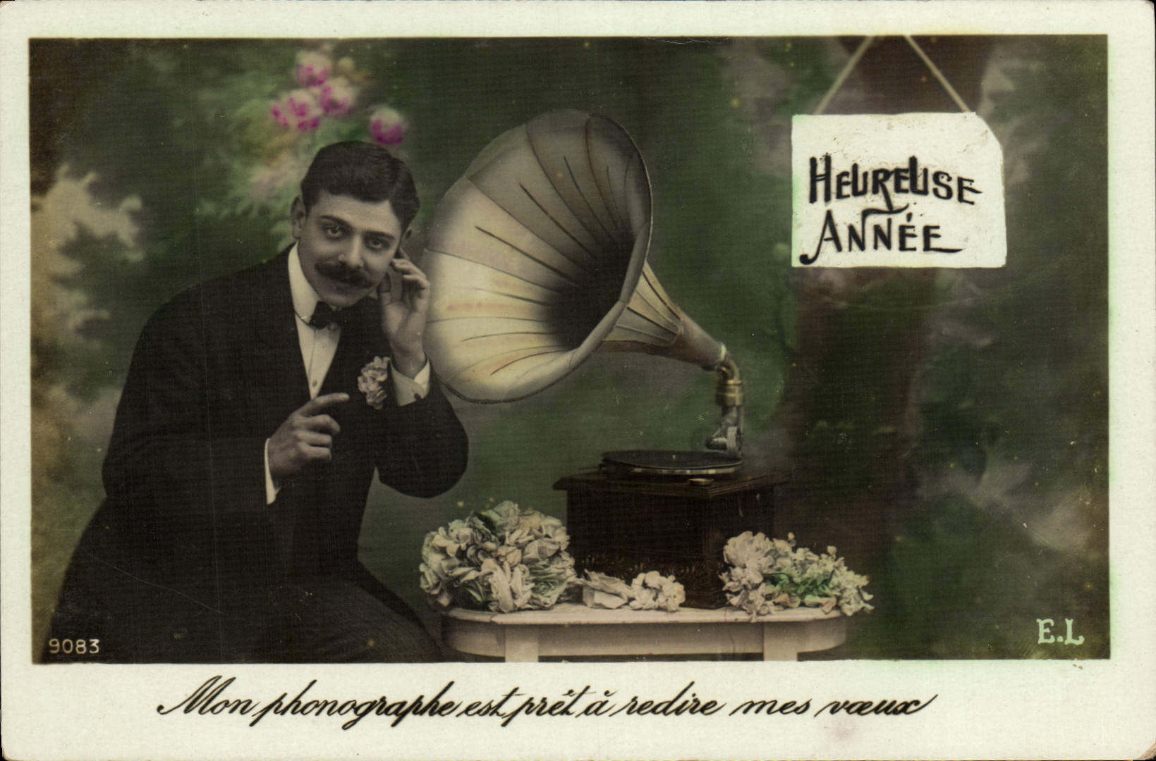 Homme avec phonographe — souhait d'années heureuses — E.L. n°9083