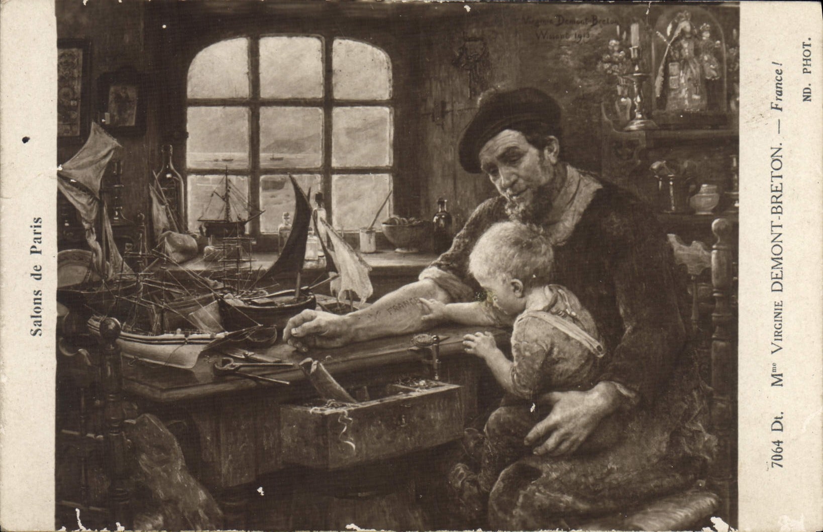 Père et enfant dans un atelier — modèles de bateaux — Virginie Demont-Breton, France — n° 7064
