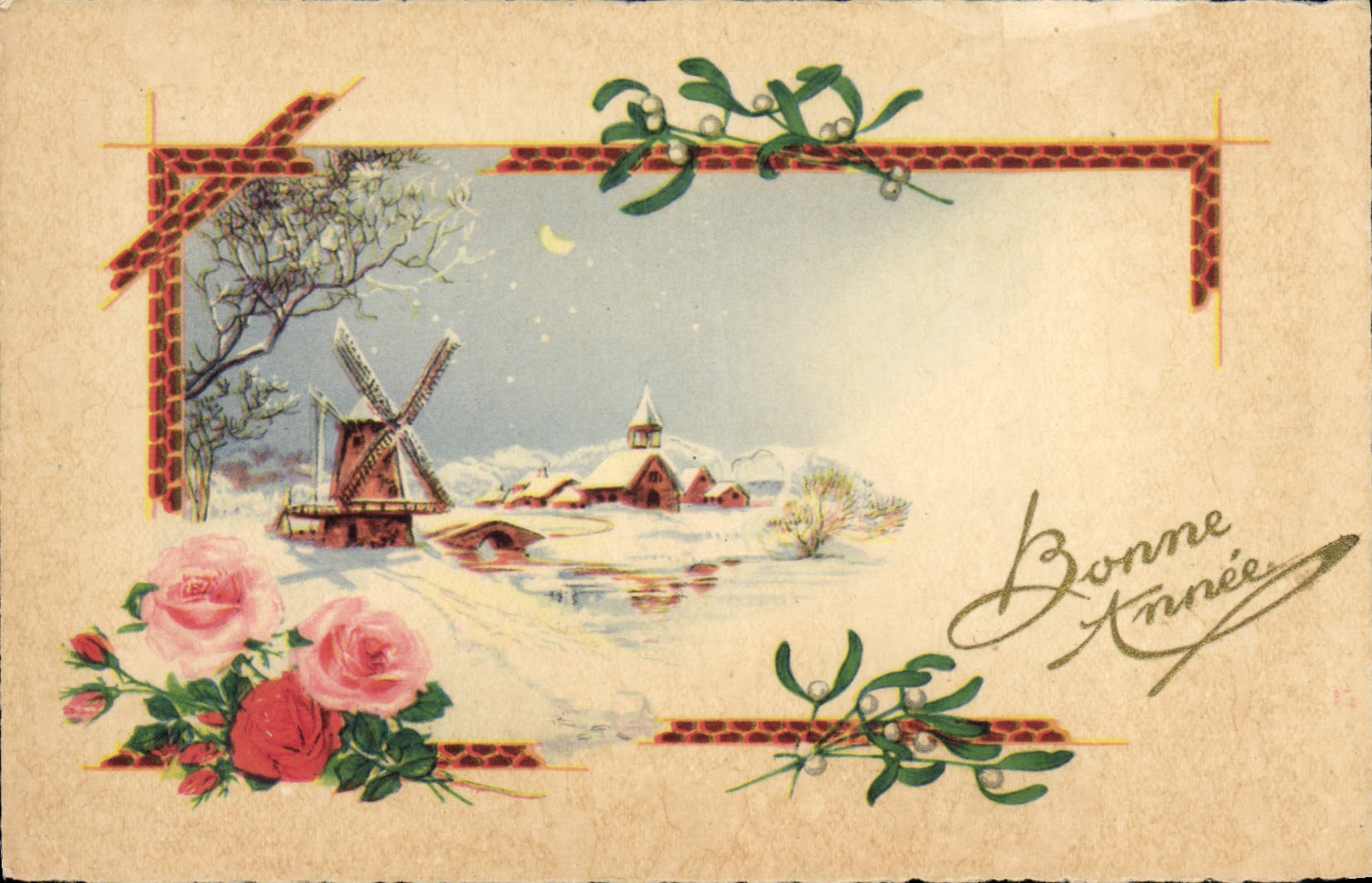 CPA Fantaisie Bonne annee Moulin a vent