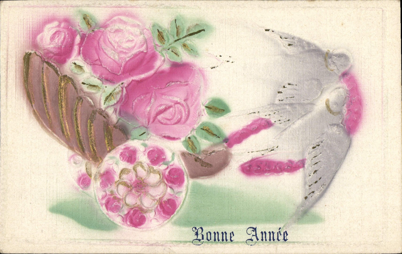 Rosenbukett und Taube — Frohes Neues Jahr — Ansichtskarte