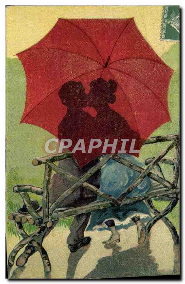 Couple sous parapluie rouge — scène amoureuse — éditeur inconnu