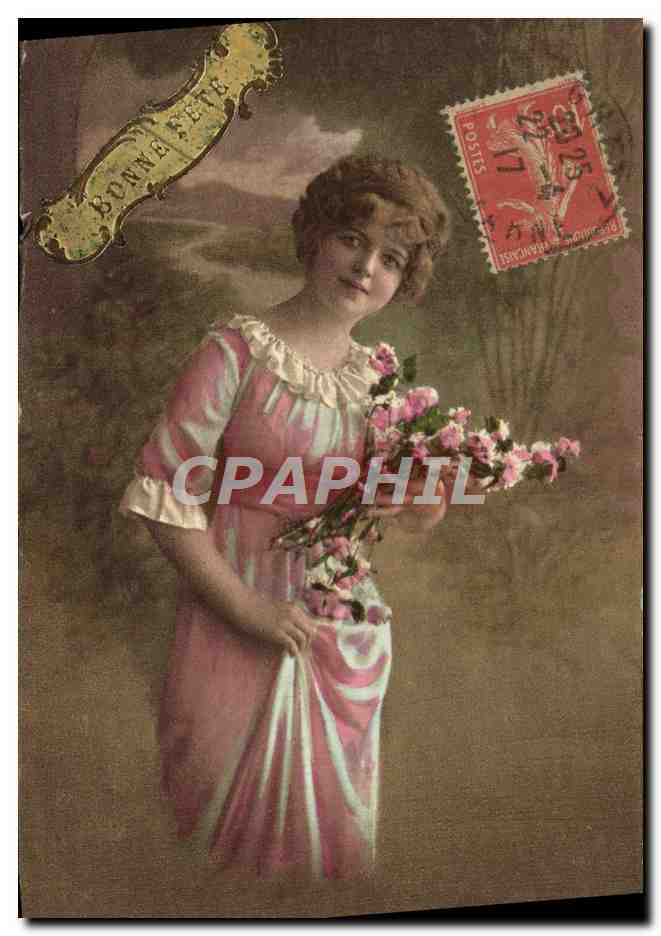 Junge Frau in rosa und weißem Kleid — Blütenstrauß haltend — Verlag REX, Paris