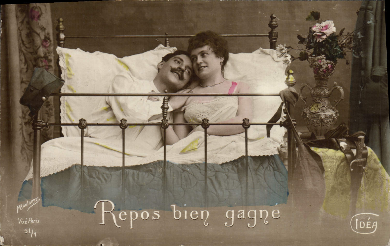 Well-earned rest — couple in bed scene — M. Baulanger, Paris, no. 51/1, publisher IDÉA
