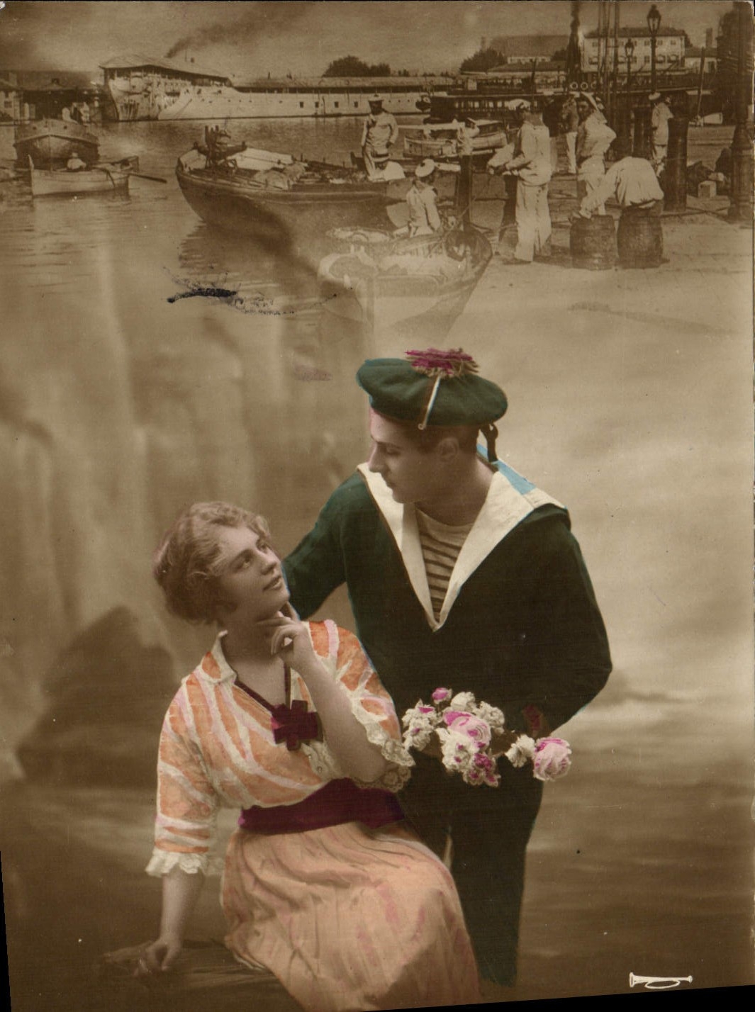 Sailor and young woman at the port — port scene with boats and sailors — publisher Vise Paris n° 164