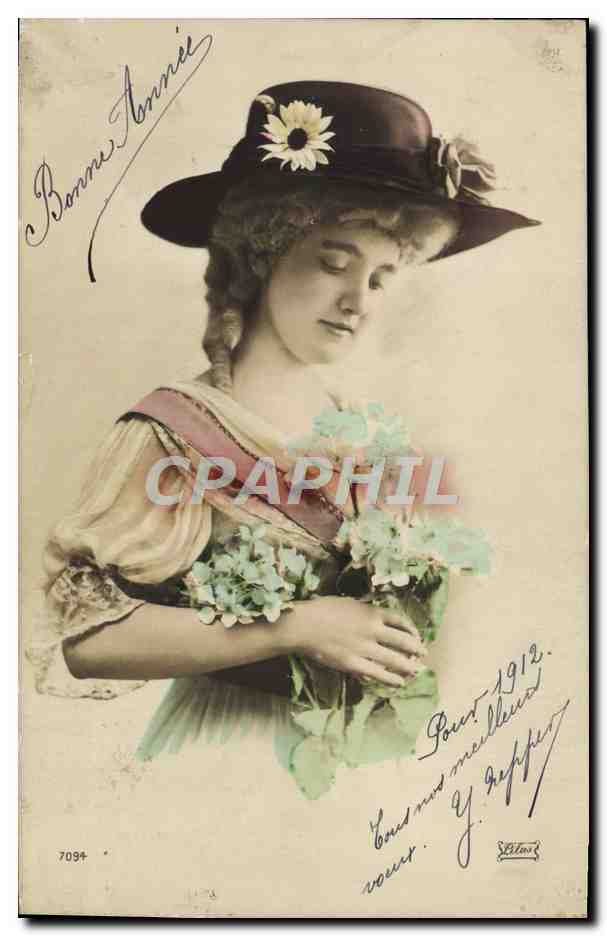 Jeune femme en chapeau à fleur — Bonne Année 1912 — éditeur anonyme, n° 7094