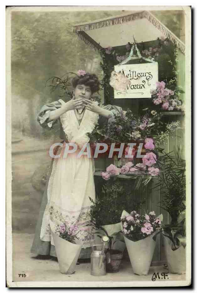 Femme à un kiosque de fleurs — 'Meilleurs Vœux' — M.F. n°715