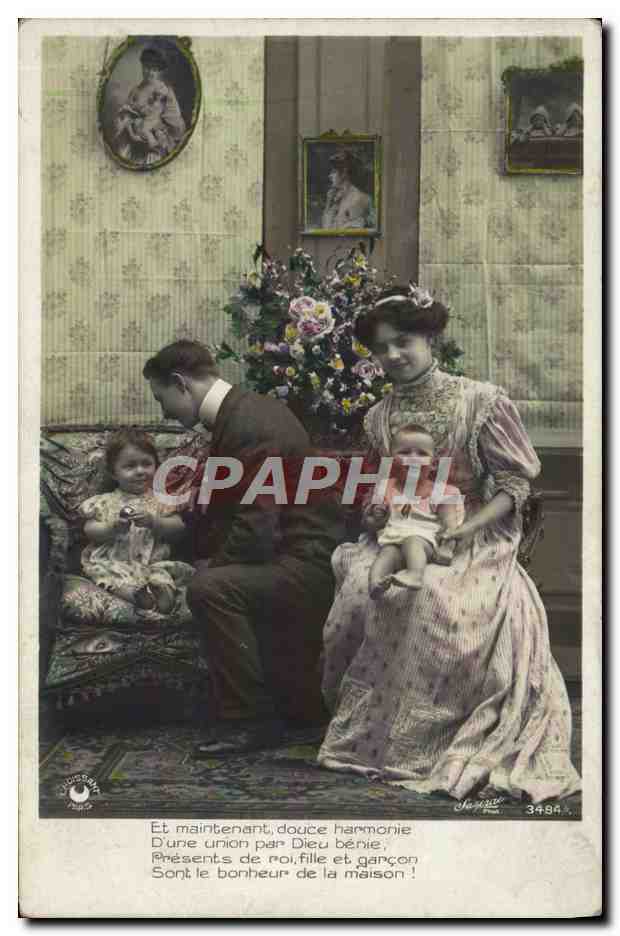 Famiglia felice — unione benedetta, figlia e figlio — editore J. Soudet, n° 3484