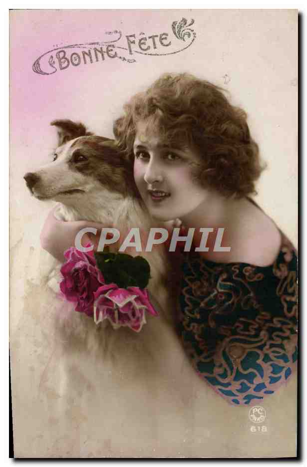 CPA Fantaisie Femme Chien Colley
