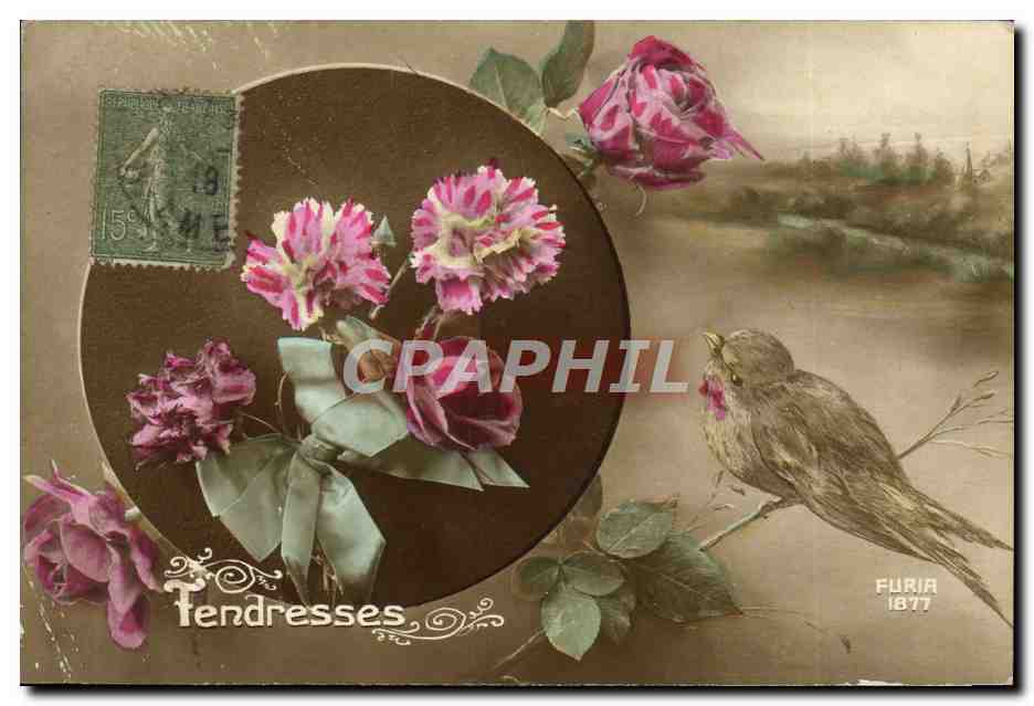 CPA Fantaisie Fleurs Oiseau