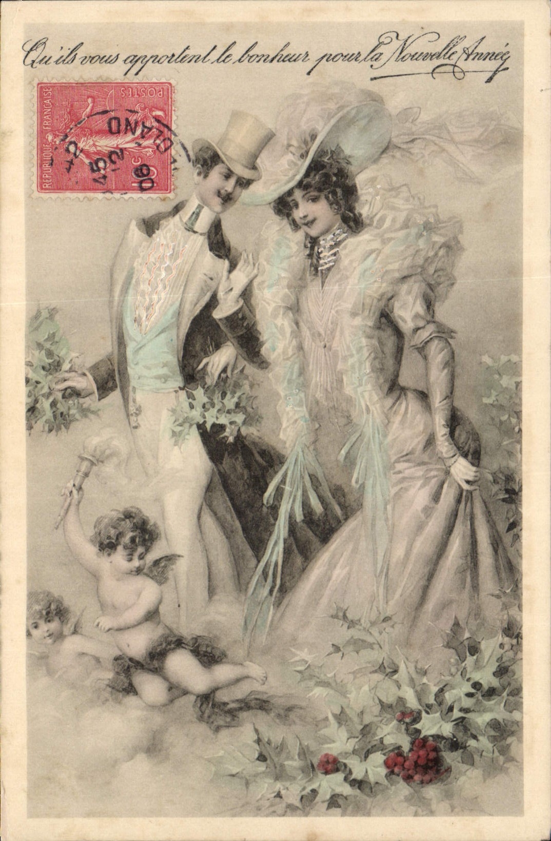 Couple élégant et putti — Nouvelle Année — Éditeur non visible, n° de série non visible
