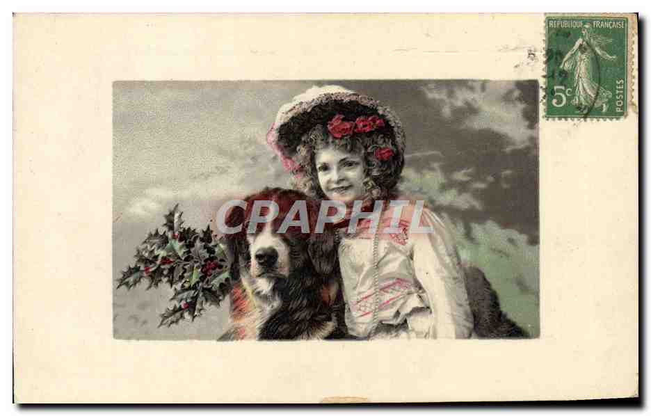 Femme et chien avec houx — carte de vœux — éditeur non visible