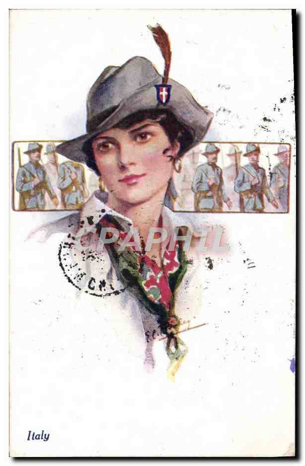 Italiaanse vrouw in uniform — soldaten in de voorgrond — uitgever A. Vivian Marshall & Co. (Engeland)