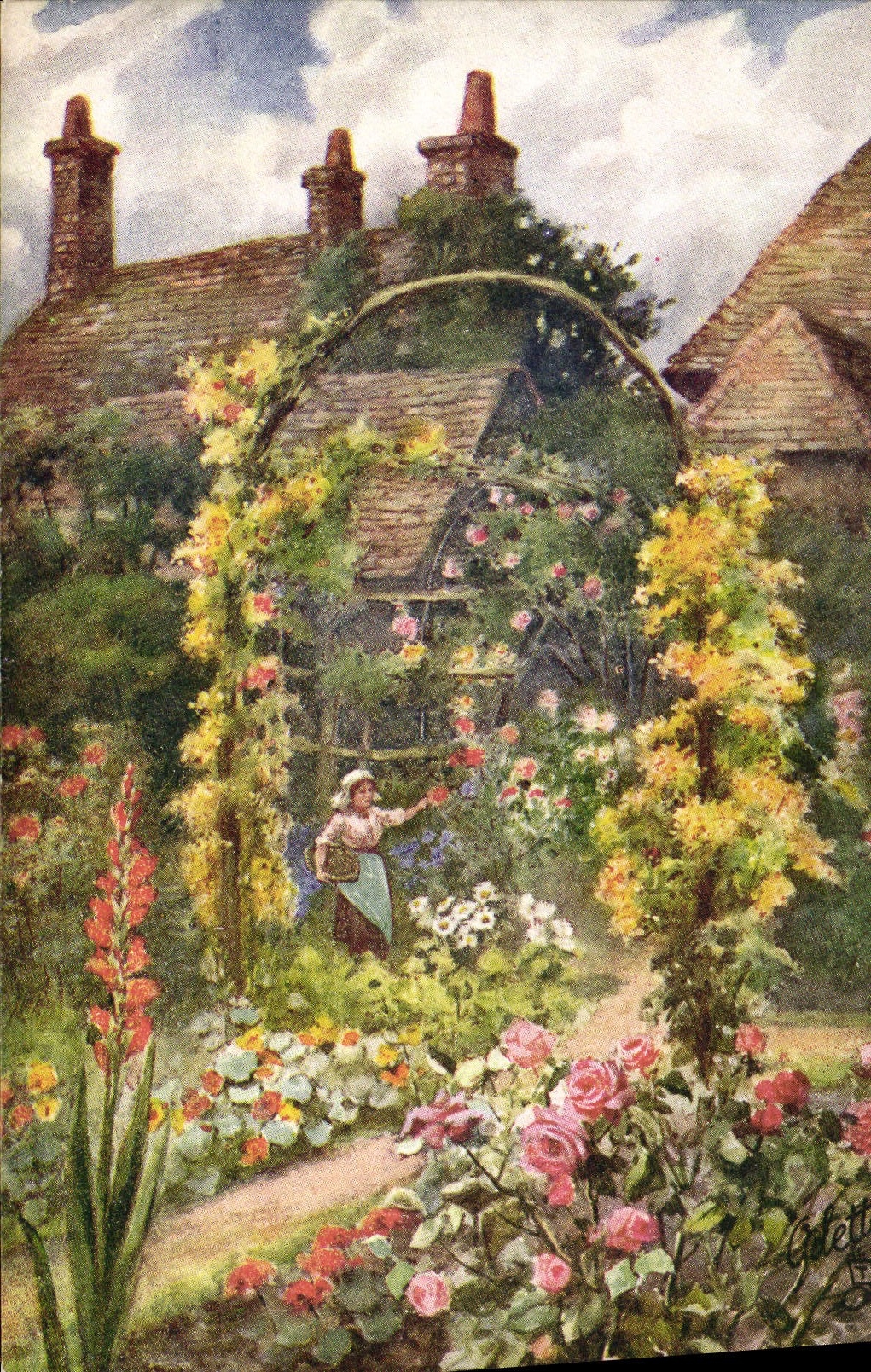 CPA Fantaisie Fleurs Femme au jardin
