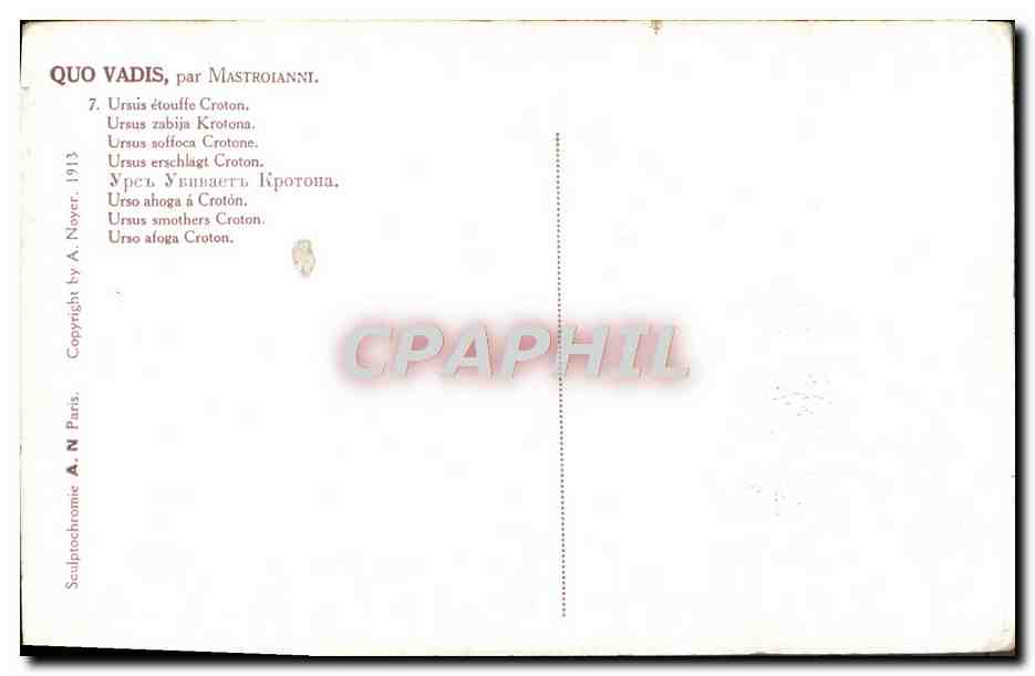 CPA Fantaisie Quo Vadis par Mastroianni Usus etouffe Croton  — Verso