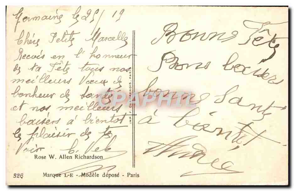 Roses jaunes — illustration signée 'M. Milot' — Rose W. Allen Richardson, Paris — Rückseite