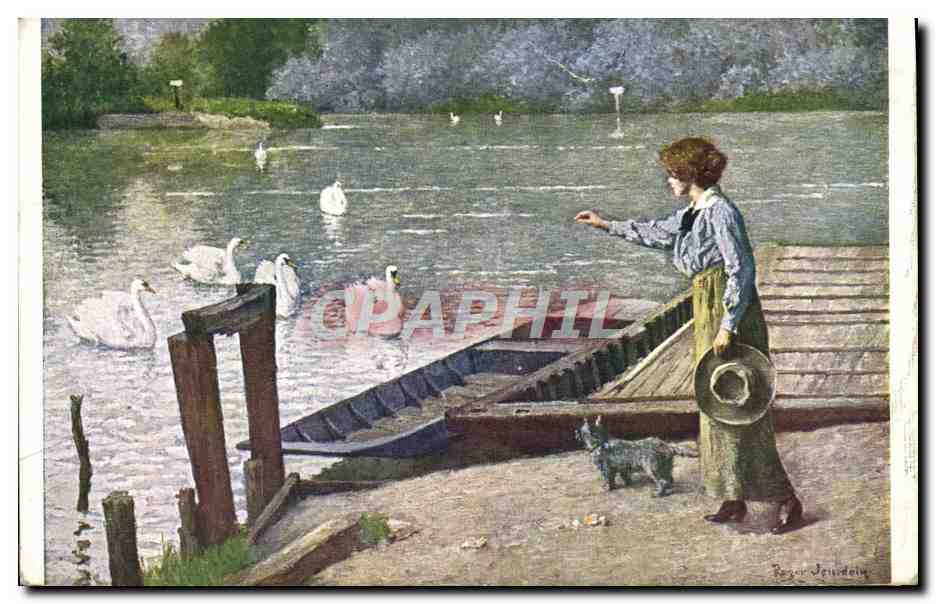 CPA Fantaisie Roger Jourdain Au bord de la Tamise Cygnes Cygne Chien Femme