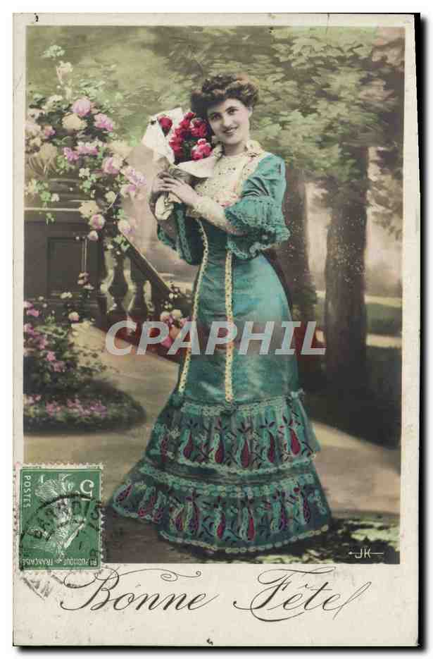 Femme en robe verte tenant un bouquet — Bonne Fête — éditeur JK