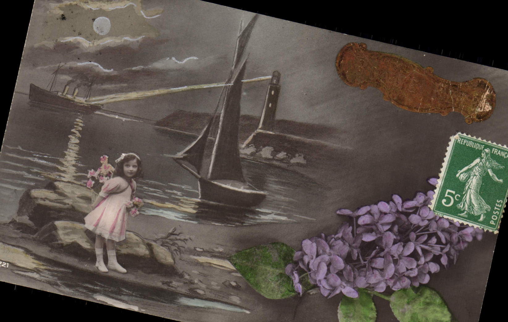 CPA Fantaisie Enfant Fleurs Bateau 