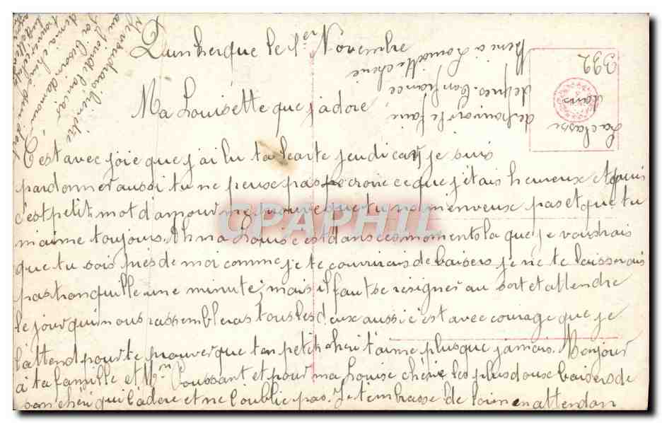 Le Baiser — couple enlacé sur banc — éditeur R. 3518/4 — Reverso