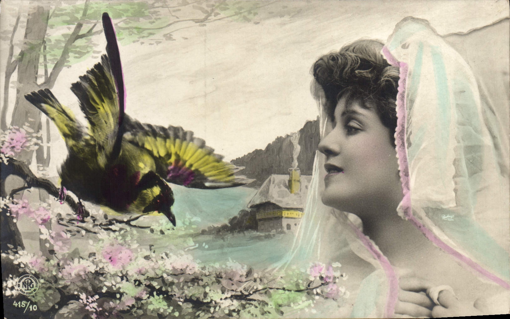 Jeune femme en voile — oiseau au-dessus de fleurs — éditeur NKG, série 415/10