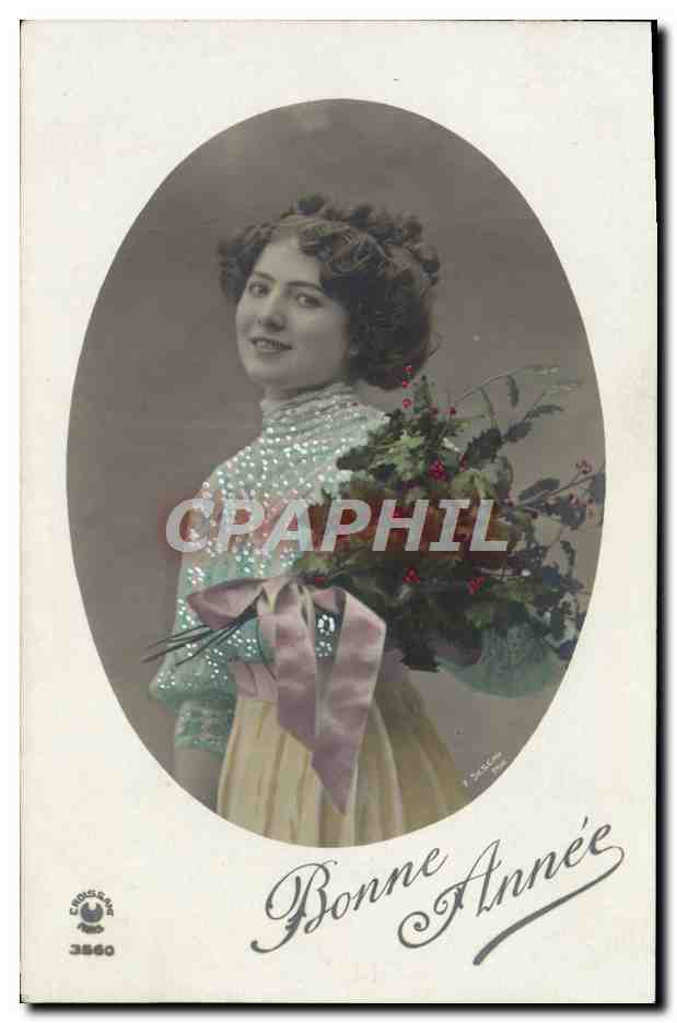 Jeune femme tenant un bouquet — Bonne Année — Éditeur Chougasse n°3560
