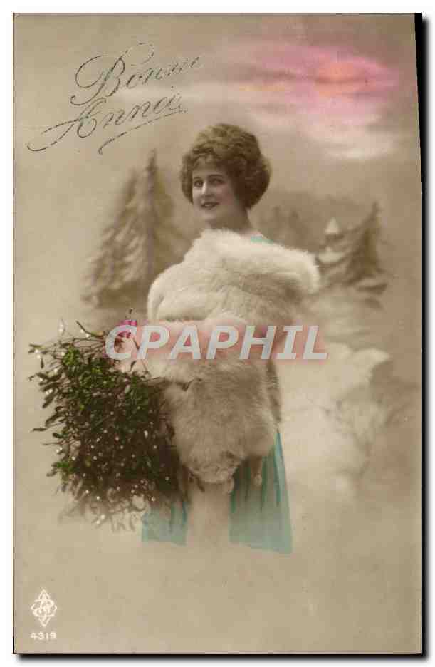 Frau in Pelz mit einem Lärchenbusch — Frohe Neujahr — L. Branche, Paris, n° 4319