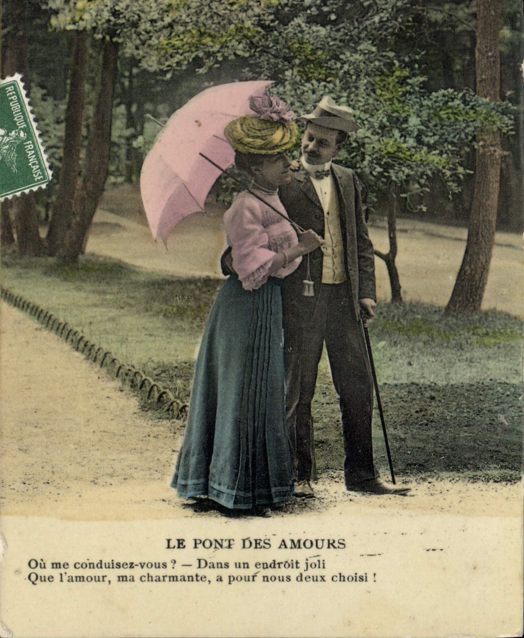 Le Pont des Amours — scène amoureuse sous parasol rose — éditeur CPAPHIL n°409-5