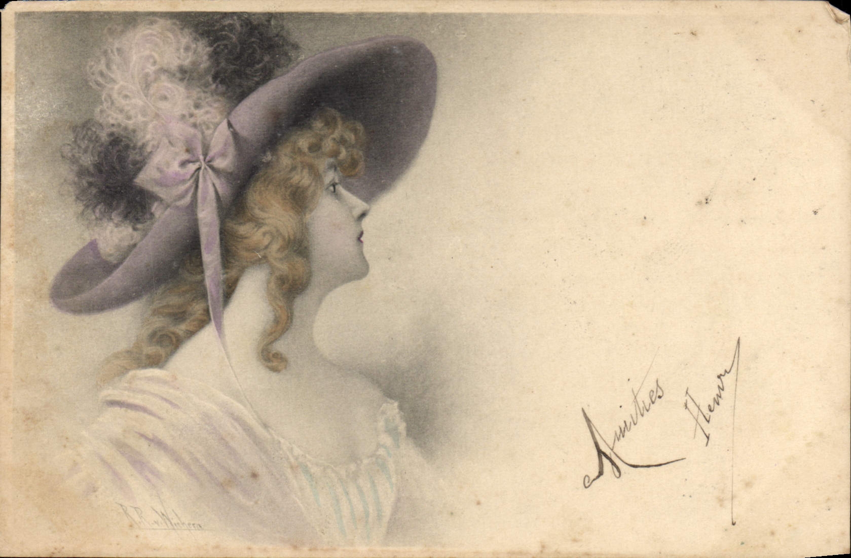 Jeune femme en chapeau violet — signée Minuities Flémer — éditeur M. M. Vienne, n° 112