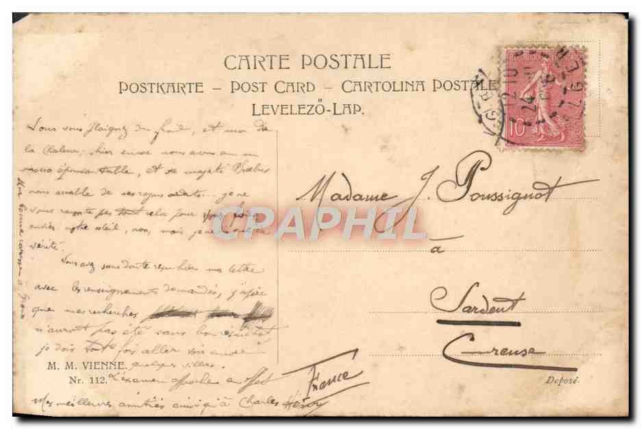 Jeune femme en chapeau violet — signée Minuities Flémer — éditeur M. M. Vienne, n° 112 — Verso