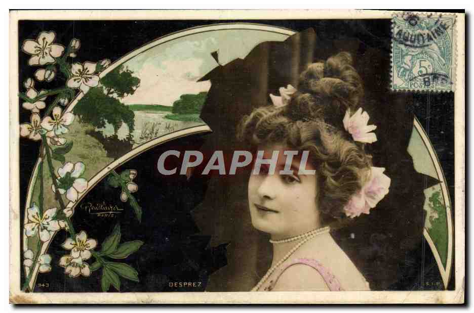 Jeune femme à fleurs — décor floral et paysage — éditeur Desprez, n° 343