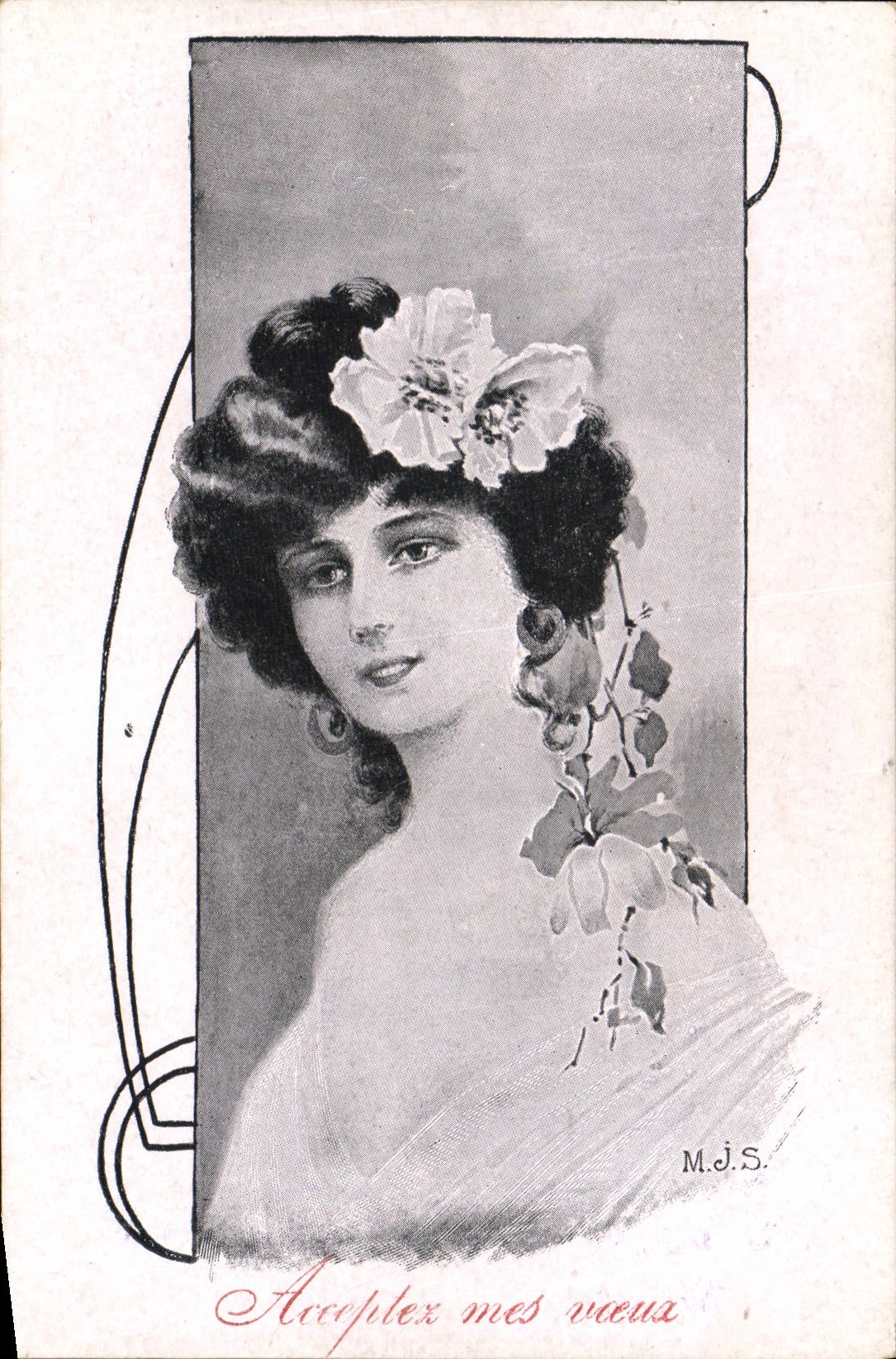 Junge Frau mit Blumen — 'Accoplex mes vœux' — M.J.S.