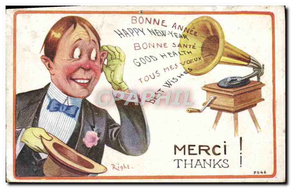 Homme en costume de soirée avec gramophone — Carte de vœux multilingue — Éditeur Right, n° 7046