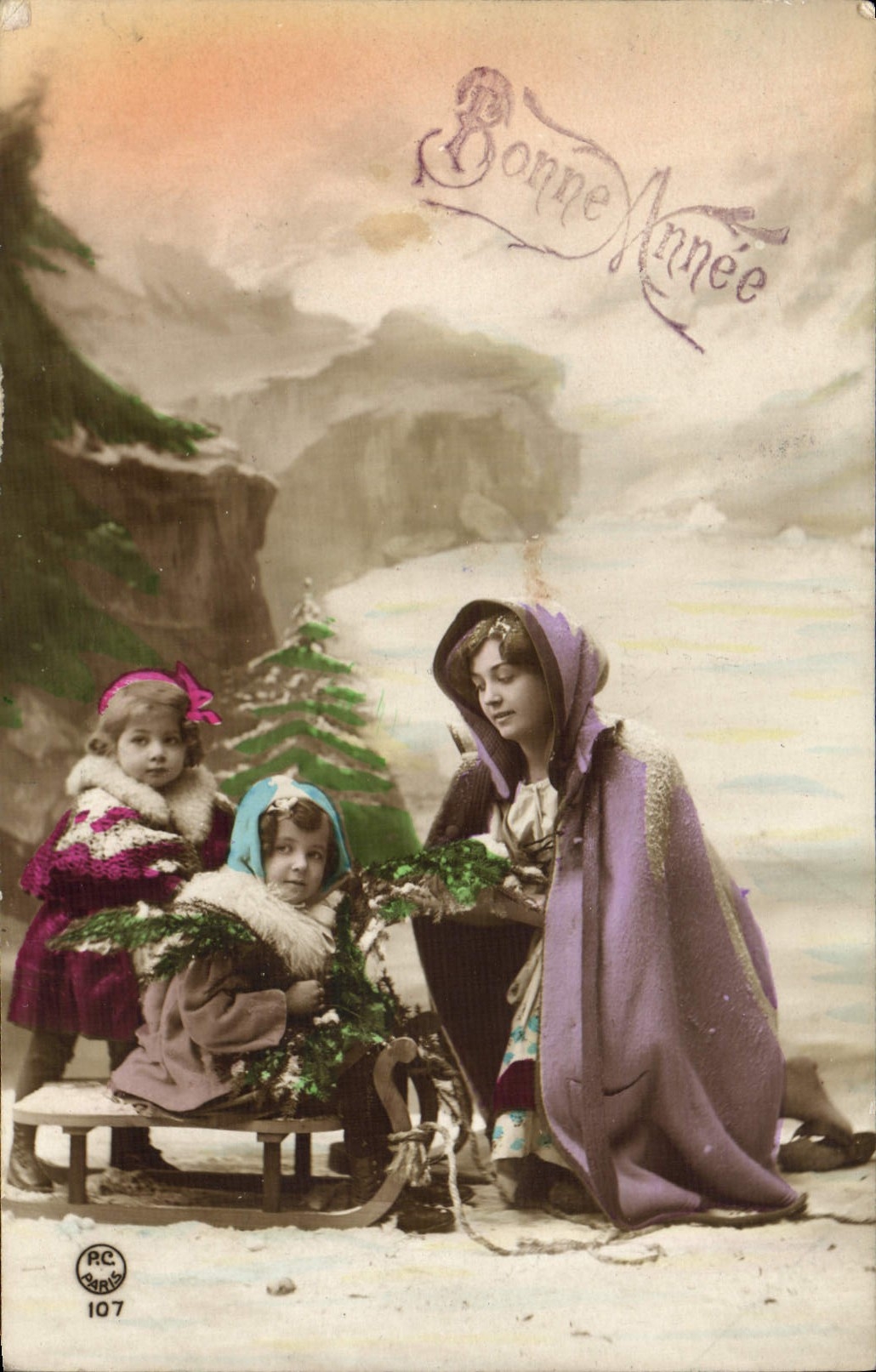 CPA Fantaisie Femme Enfants Luge
