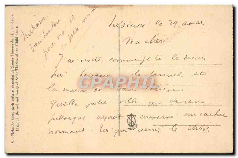CPA Robe de bure petit voile et chapelet de Sainte Therese de l'Enfant Jesus  — Back