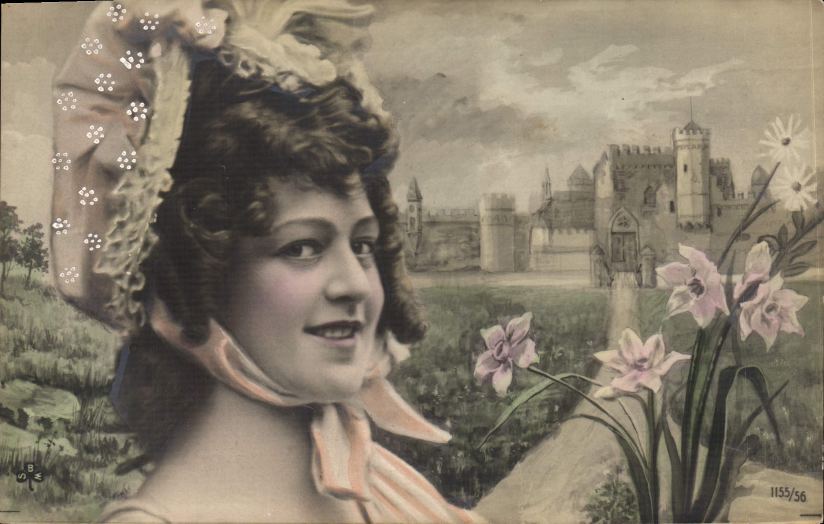 Jeune femme en chapeau — château et fleurs — série 1155/56