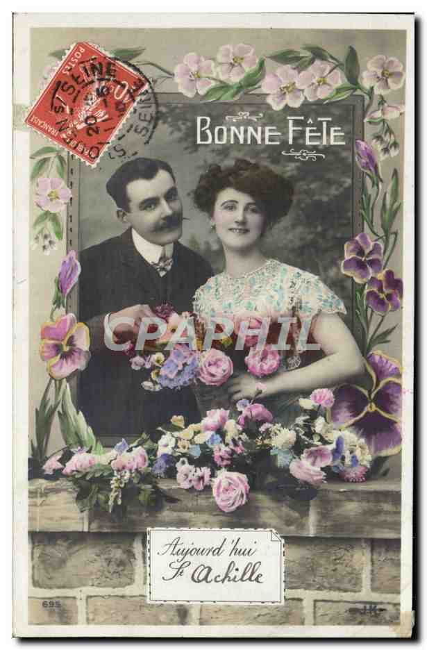 Couple au milieu de fleurs — Bonne Fête — éditeur inconnu, n° 695