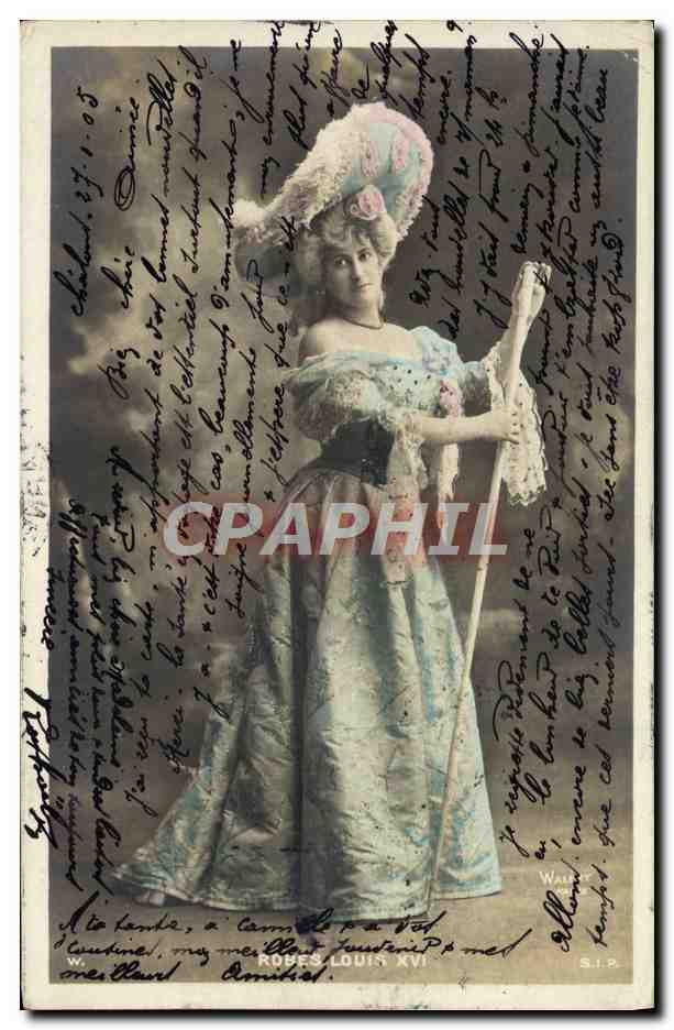 Tarjeta postal antigua Fantasía Mujer Vestidos de Luis XVI