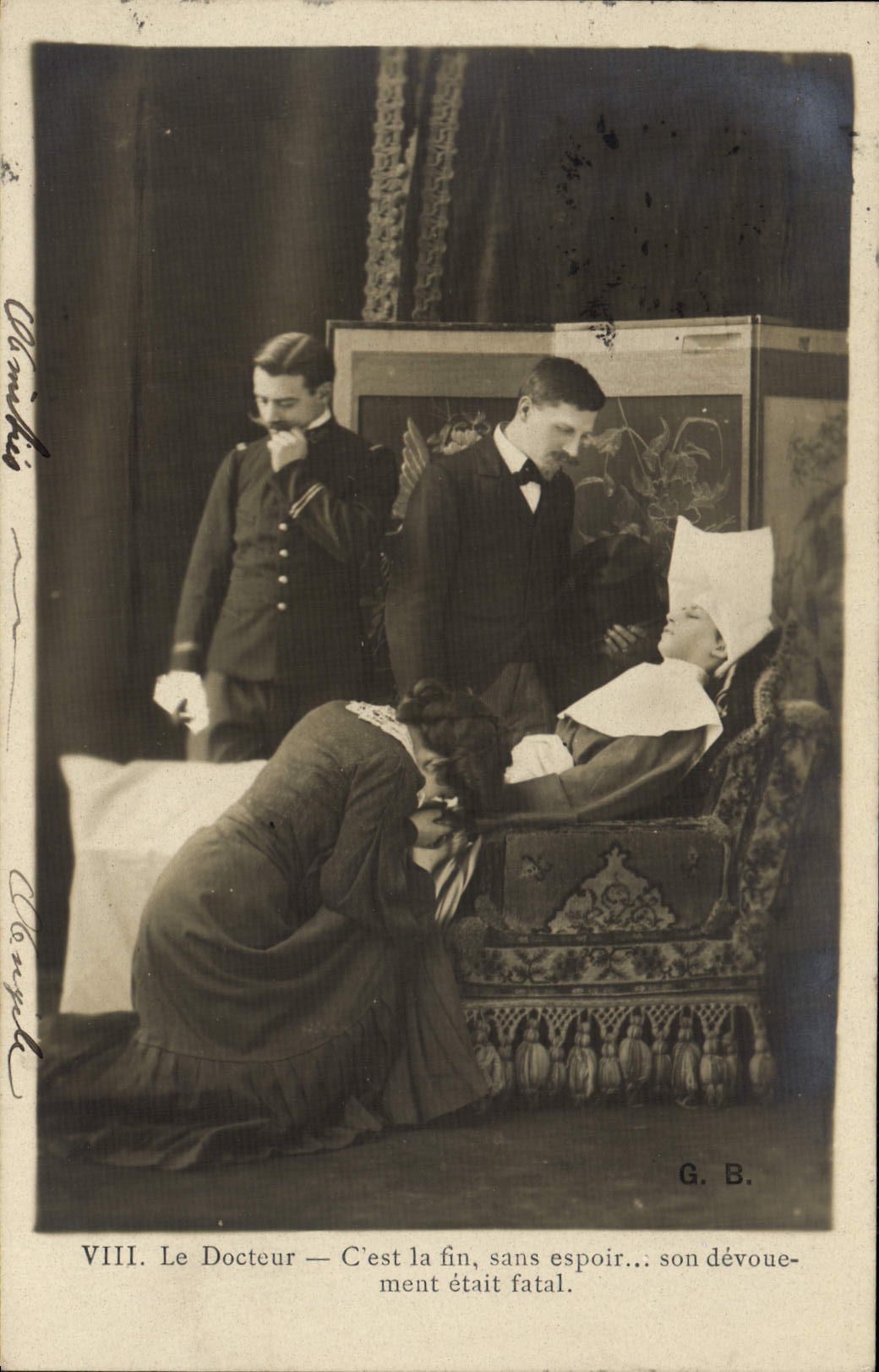 Scène de théâtre — Le Docteur — C'est la fin, sans espoir... son dévouement était fatal — G. B.