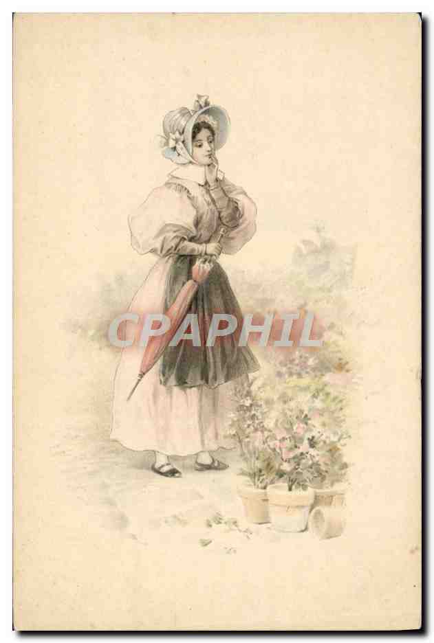 Jeune femme en robe d'époque tenant un parapluie — illustration — éditeur non visible