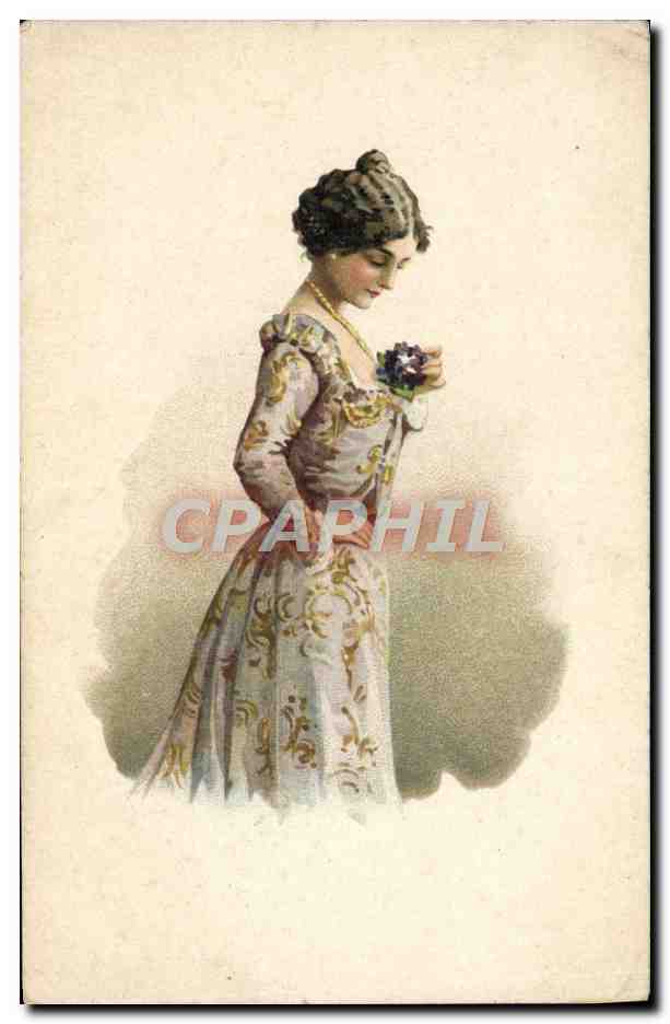 Femme en robe ornée — tenant un bouquet — carte publicitaire pour Vernia
