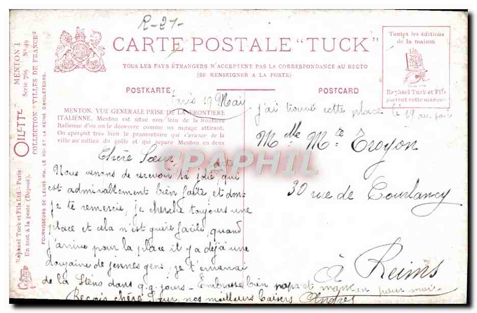 CPA Menton Vue generale prise de la frontiere italienne — Rückseite
