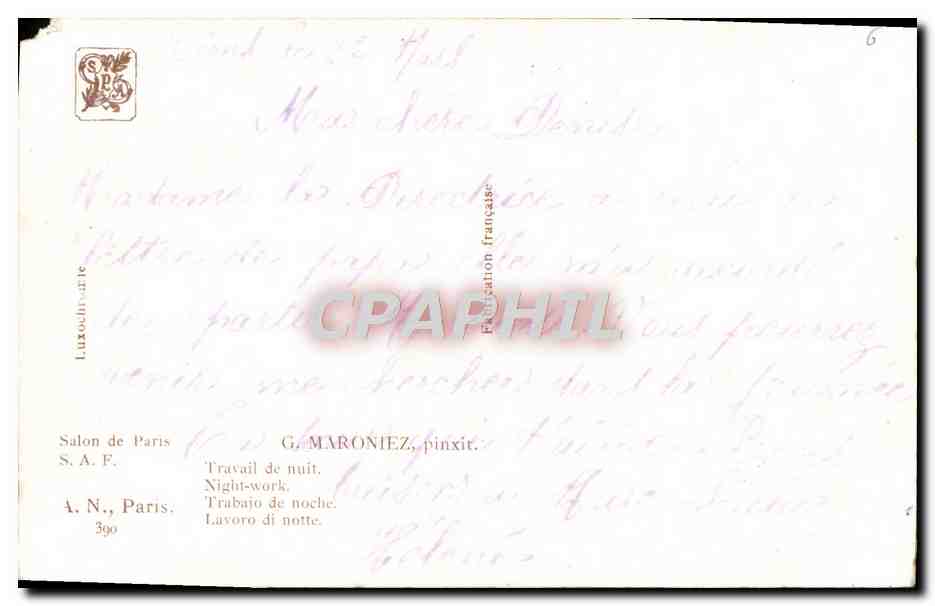CPA Fantaisie Salon de Paris Travail de nuit — Verso