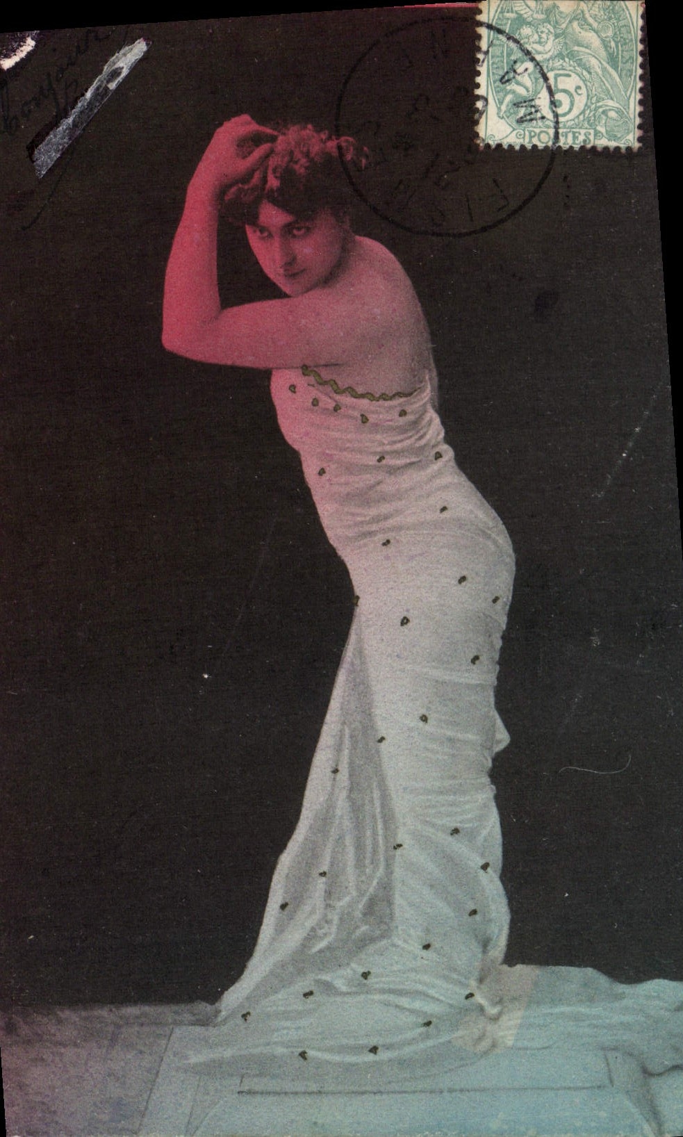 Woman in a white dress — elegant pose — unidentified publisher