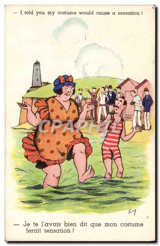 Baigneurs en costume — caricature — éditeur non visible