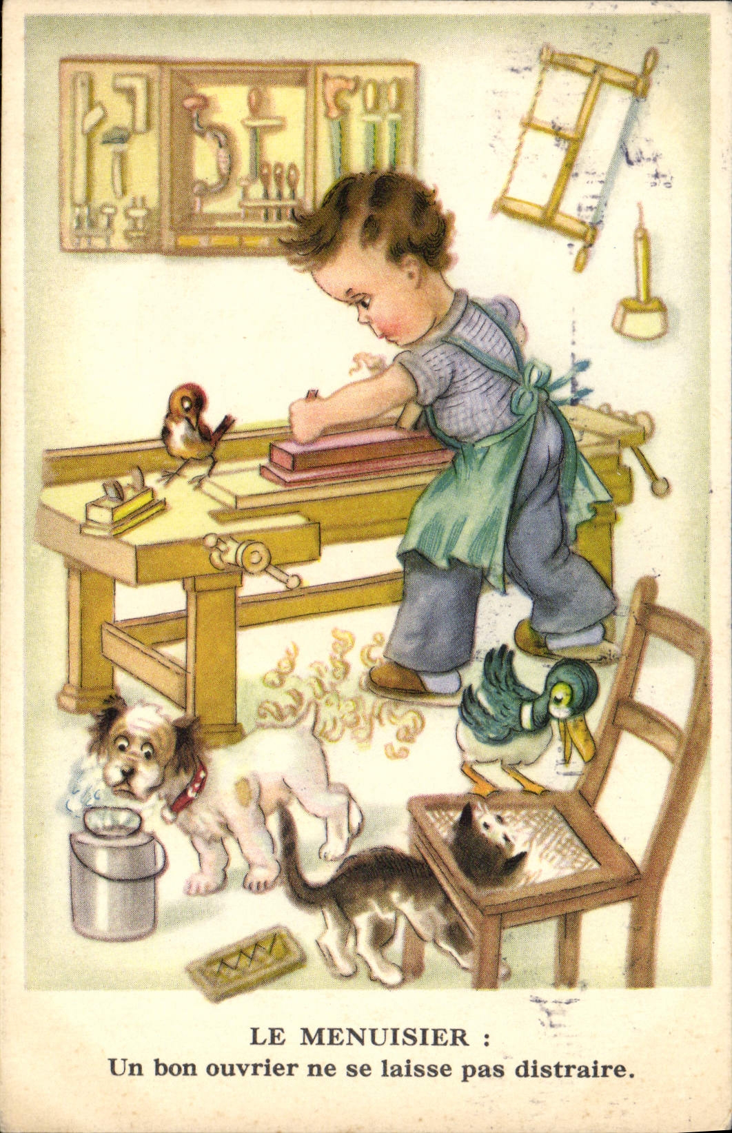 CPA Fantaisie Enfant Le menuisier Chien Chat 