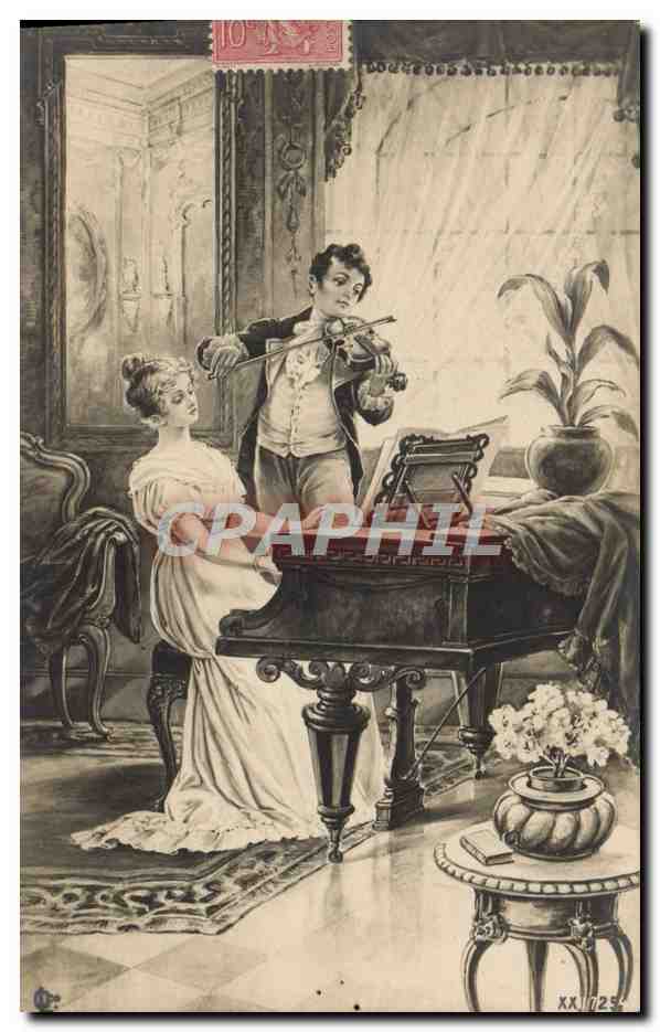 CPA Fantaisie Femme Piano violon 