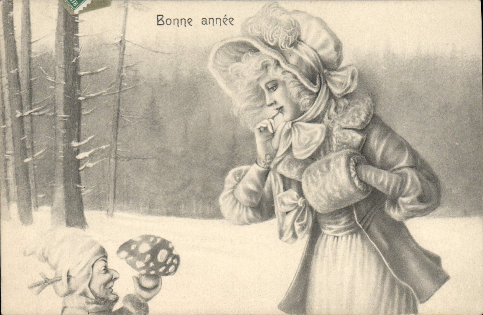 Fee und kleiner Zwerg in der Schnee — Frohe Weihnachten — Verlag B.K.W.I. Nr. 2655/2