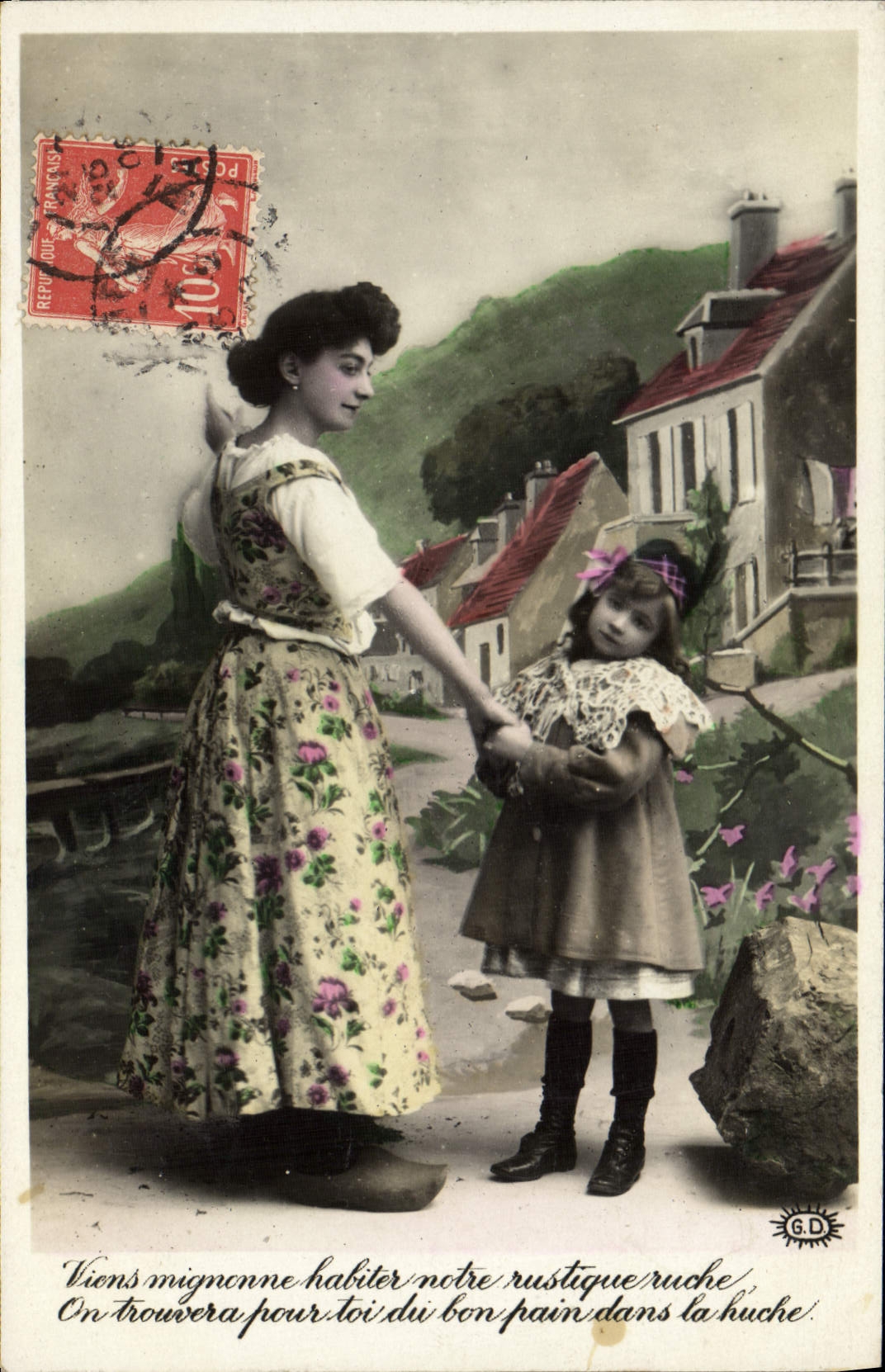 Femme et enfant dans un village — scène rustique — G.D. éditeur