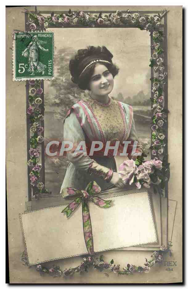 Jeune femme en robe ornée — cadre floral — éditeur REX n°434