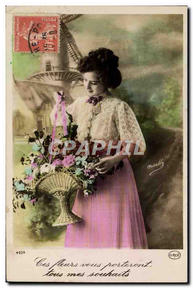 Femme tenant un panier de fleurs — éditeur Ouvrilly, n° 4204